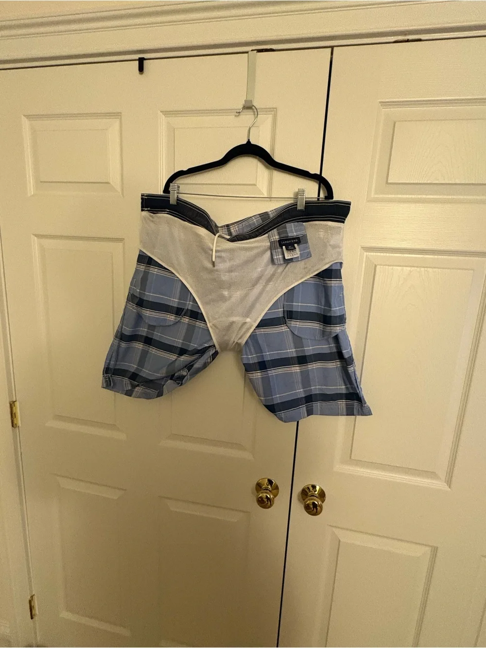 Men's Land’s End Light Blue Plaid Board Shorts (XL 40-42)